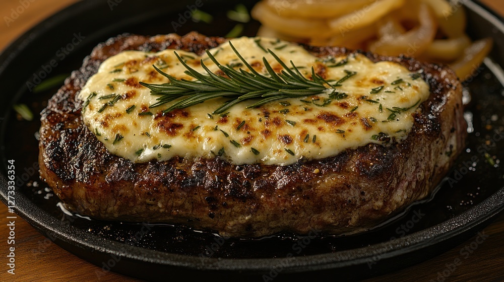 Grilled Steak with Melted Cheese, Rosemary, and Caramelized Onions on Dark Plate Grilled Steak with Melted Cheese, Rosemary, and Caramelized Onions on Dark Plate