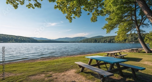 Quiet lakeshore with picnic tables under clear skies in summer gentle ripples on the water