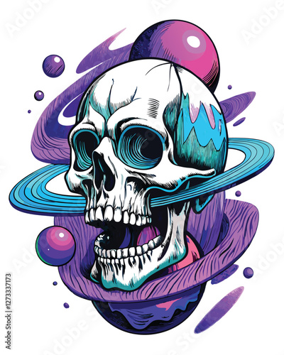 Hand-drawn illustration of a levitating skull, surrounded by abstract, floating shapes; ethereal and slightly spooky aesthetic.
