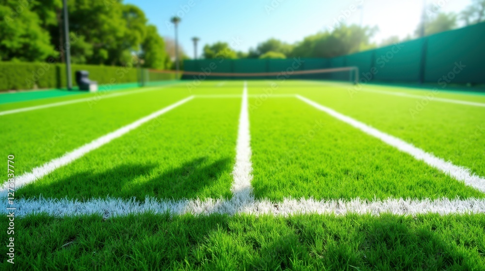 Obraz premium A vibrant tennis court with lush green grass and white lines, bathed in sunlight, invites players to enjoy a game.