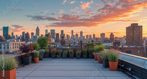 Urban rooftop with plants and a view of the city skyline in summer sunset time
