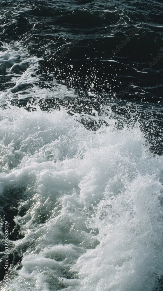 Ocean waves, boat wake, sea foam, sunlight, water texture