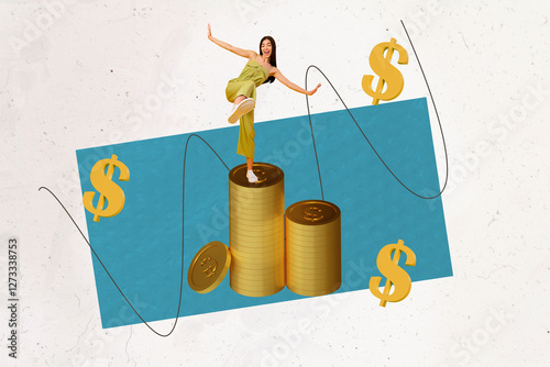 Composite artwork photo collage template sketch of finance market currency dollars earnings young lady stand balance pile coins success