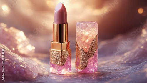The lipstick is packed in a gold-colored crystal case, decorated with an intricate pattern and shimmering in the light.