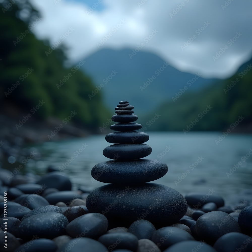 Serene Pebble Art: Moody Tones on Navy Blue with Tropical Landscape Serene Pebble Art: Moody Tones on Navy Blue with Tropical Landscape