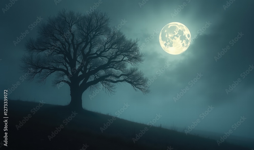 Fototapeta premium A hauntingly beautiful scene with a solitary tree silhouetted against a glowing full moon, creating a mysterious and atmospheric landscape.