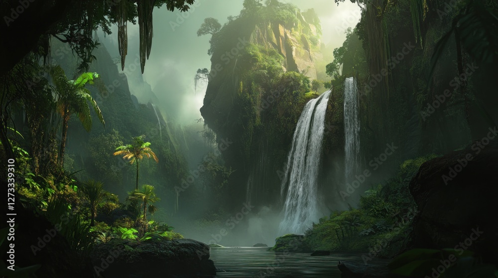 Lush jungle landscape featuring waterfalls and tropical vegetation Lush jungle landscape featuring waterfalls and tropical vegetation