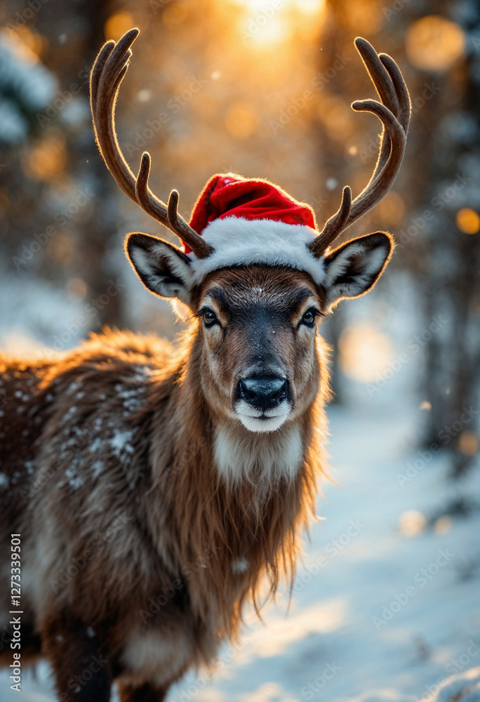 Fototapeta premium A reindeer in a Santa hat stands in a snowy forest, glowing in golden light amid heavy snowfall.