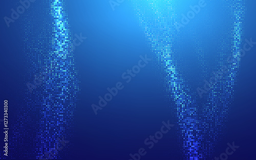 Finance background blue. Vector tech finance halftone technology background. Abstract digital wave background with glowing blue dots forming a futuristic pattern on a dark blue gradient backdrop.