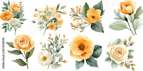 Watercolor Floral Clipart Set with Yellow and Cream Roses, Wildflowers, and Green Leaves