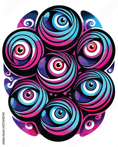 Generate a vibrant, hypnotic spiral composed of cartoon eyes, glowing with psychedelic colors.  Each eye should have a unique, slightly off-kilter expression.