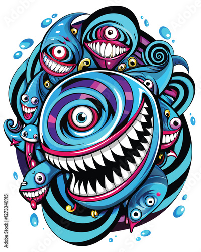 Generate a hypnotic, surreal image of a spiral composed of grinning, cartoonish mouths, rendered in vibrant, psychedelic colors.  Chaotic yet captivating.