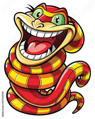 A jovial cartoon snake, vibrant green, playfully coiled into a circle, laughing heartily with its mouth wide open and eyes squeezed shut.