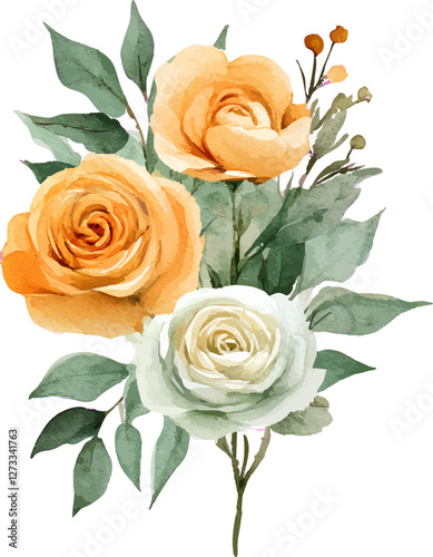 Watercolor Yellow Rose with Green Leaves, Hand-Painted Floral Illustration