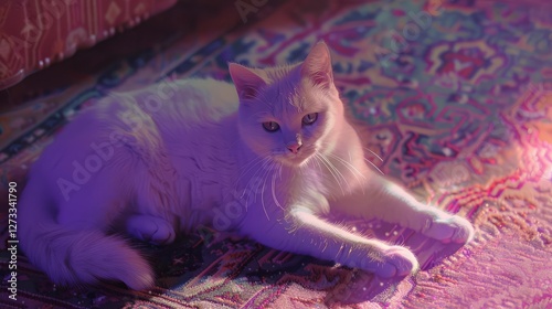 A white cat on the neon color trendy holographic background