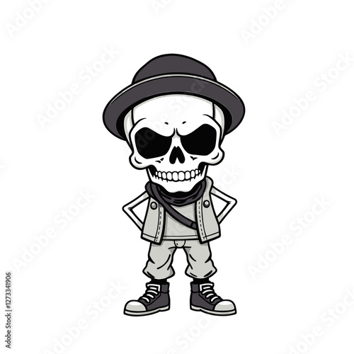 a skull wearing a hat, vest, and sneakers, with a stern expression on its face.
