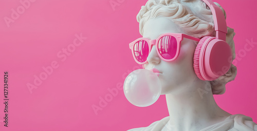 Stylish portrait of fashionable antique statue of woman listening to music with headphones on pink
