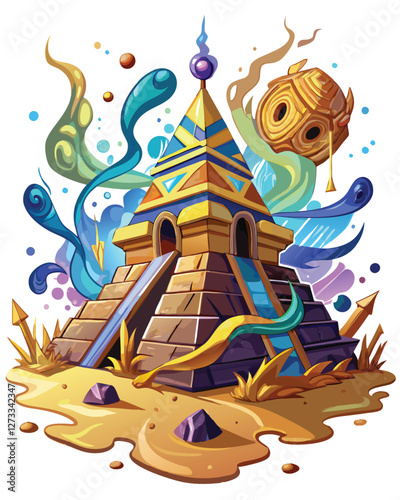 A majestic ancient pyramid, levitating effortlessly above a surreal, swirling landscape of vibrant, impossible colors.  Intricate, glowing glyphs cover its surface.