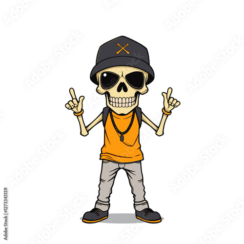 a skull emoji wearing a black baseball cap with an x on it, sunglasses, and a backpack.