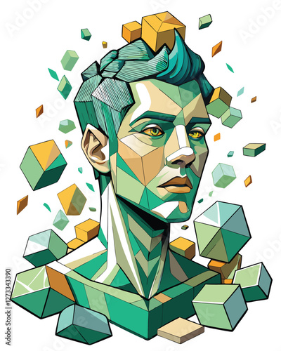Surreal portrait of a man with an abnormally elongated neck, his head entangled in thorny vines or wire, conveying a sense of confinement and distress.
