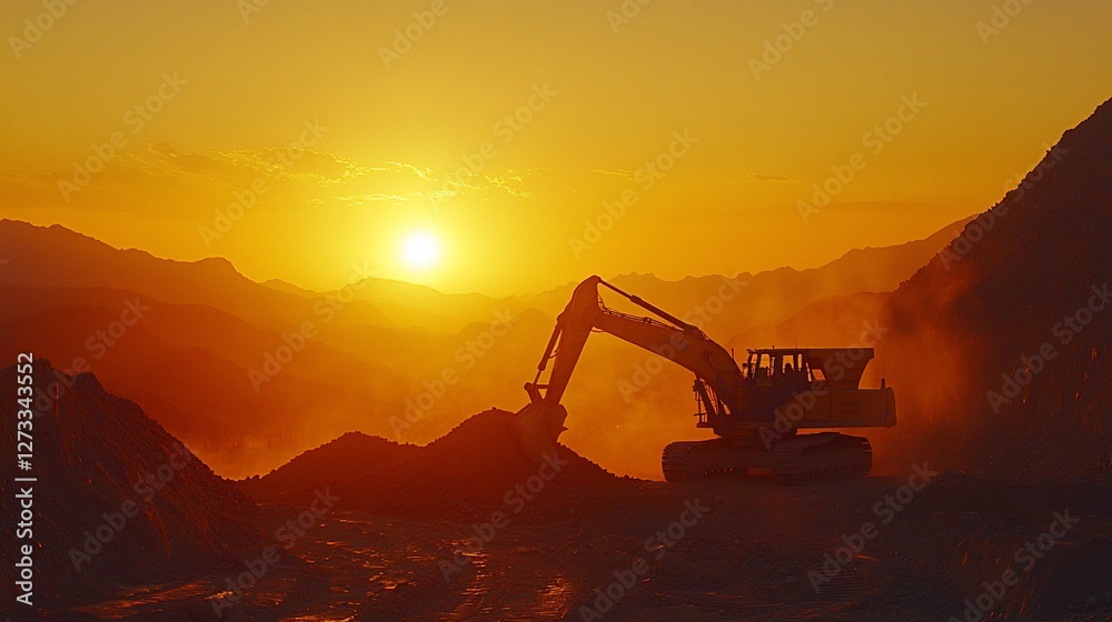 Excavator working at sunset in quarry.