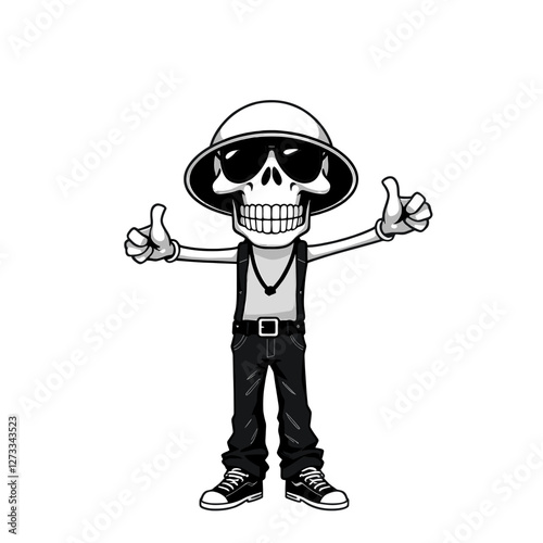 Skull emoji wearing sunglasses, giving a thumbs up gesture.