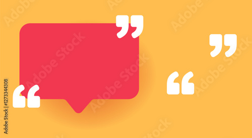 Quotes bubble speech icon as testimonial text box frame vector modern graphic illustration, comment message textbox with quotation mark logo sign symbol yellow red, feedback note layout, memo word
