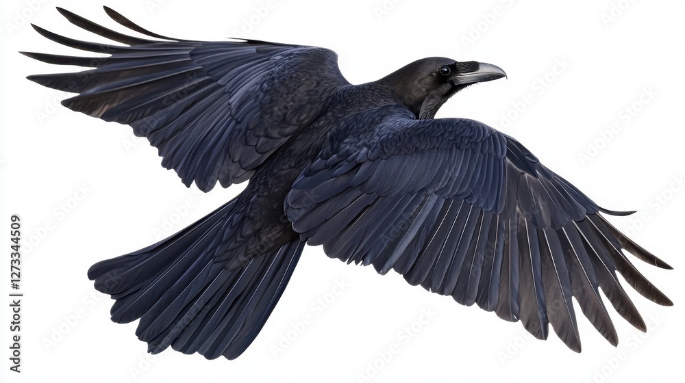 Fototapeta premium Black raven soaring, wings sharply angled, strong contrast against white, deep details in feathers, realistic minimalist feel.