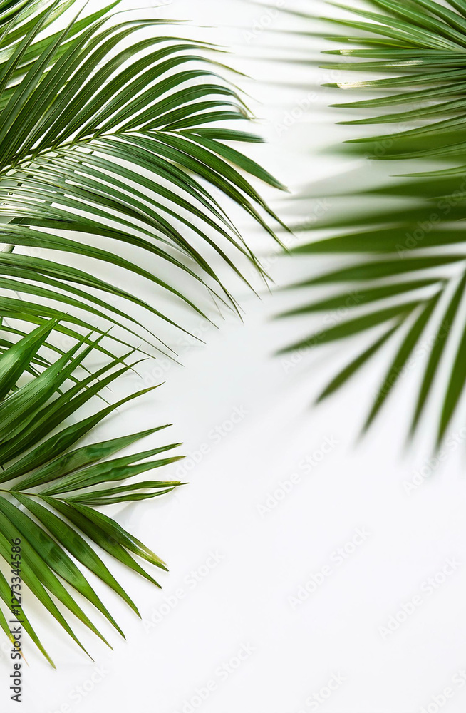 Fototapeta premium green palm leaves with empty area, on withe background