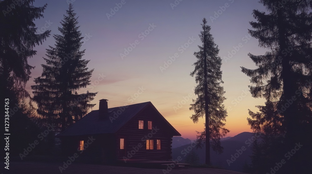 A cozy cabin nestled among tall trees at twilight A cozy cabin nestled among tall trees at twilight