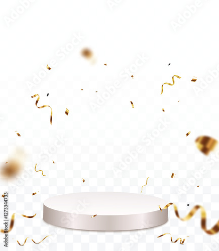 Empty podium with Gold celebration confetti isolated on transparent background