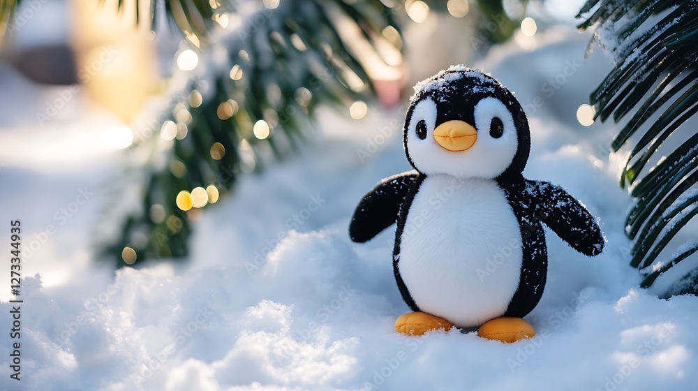 Fototapeta premium Penguin plush standing by snowy Christmas coconut tree
