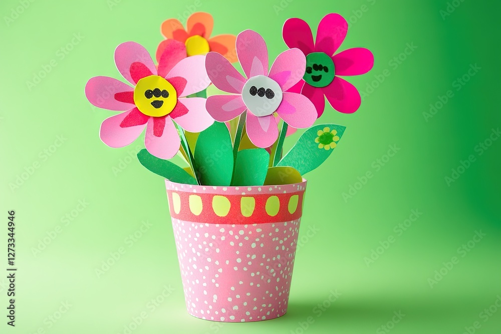 A pink flower pot with paper flowers in it, decorated for Mother's Day, on light green background, simple craft project for children, made of construction paper and markers, A pink flower pot with paper flowers in it, decorated for Mother's Day, on light green background, simple craft project for children, made of construction paper and markers,
