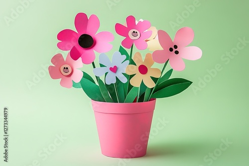 Colorful paper flower bouquet in a pink pot against a mint green background.