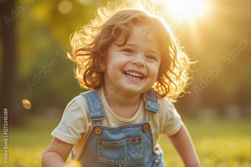 A child with curly hair smiles and enjoys a sunny day outdoors