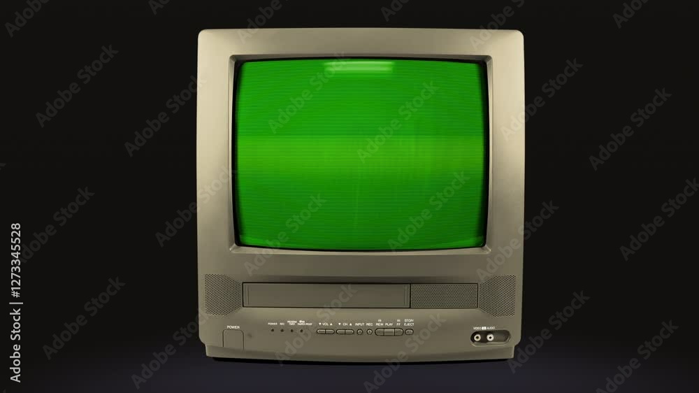 Old grey TV on a black background with a green screen. TV from the 90s with chromakey. CRT screen of a vintage TV with flickering and interference. Looping animation. 4K video. Old grey TV on a black background with a green screen. TV from the 90s with chromakey. CRT screen of a vintage TV with flickering and interference. Looping animation. 4K video.