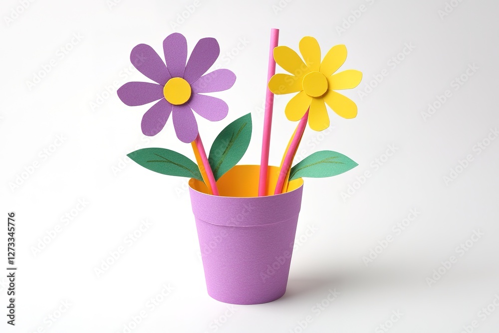 Colorful paper flowers in a purple pot, perfect for spring decor.