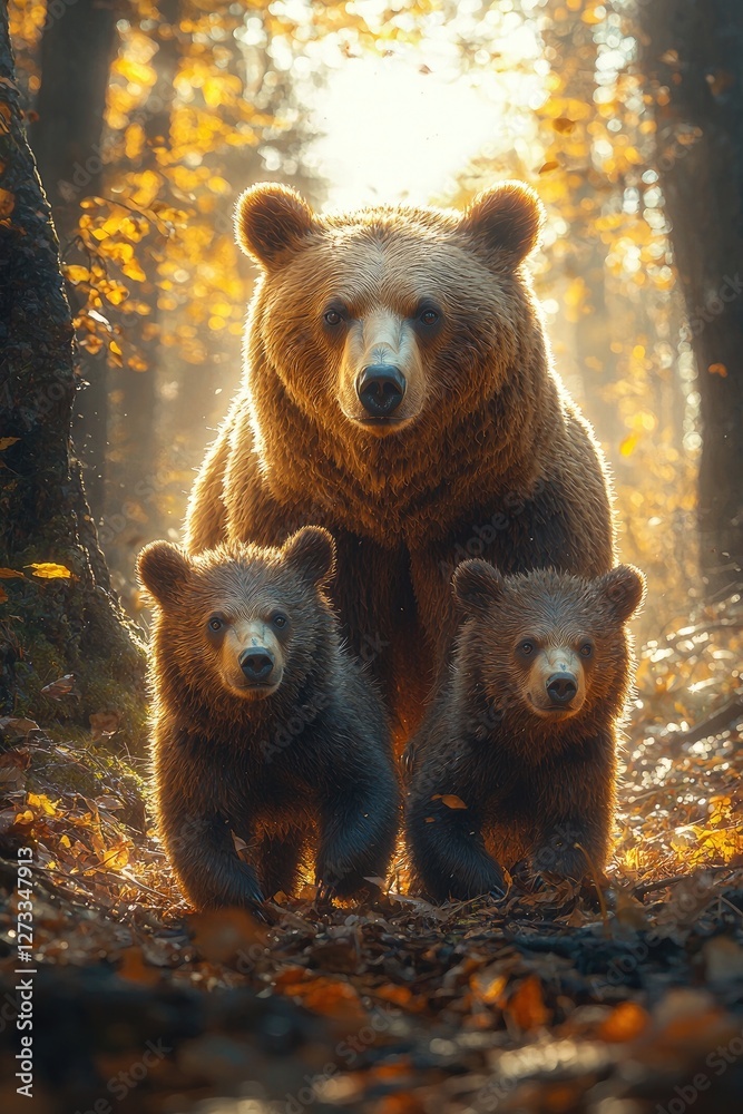 Mother Bear and Two Cubs in Autumn Forest Mother Bear and Two Cubs in Autumn Forest