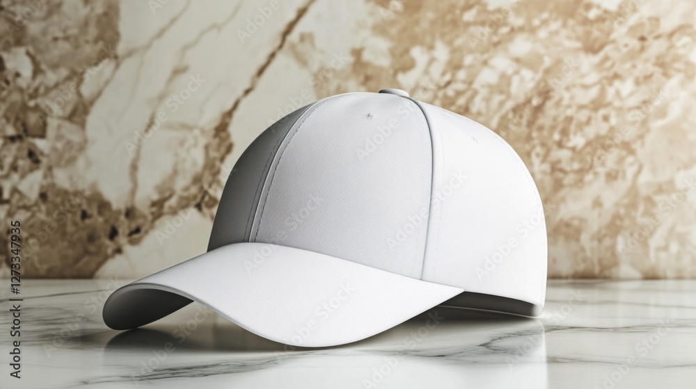 A plain white baseball cap rests on marble A plain white baseball cap rests on marble