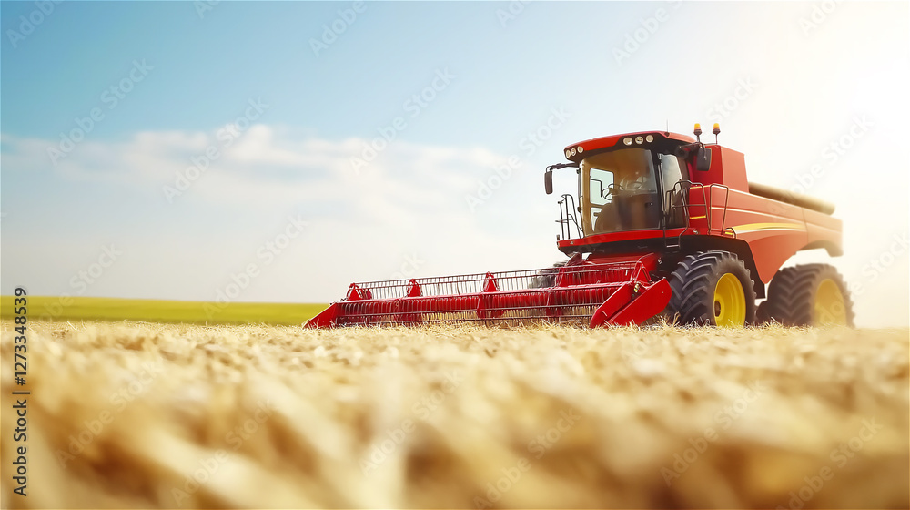 Obraz premium A large red combine harvester working on a golden wheat field under a clear blue sky. Agricultural machinery in action during harvest season.