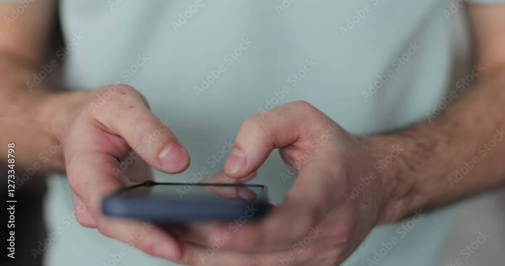 Close up man using social media application on smartphone text messages receive news outdoor. Smartphone browsing internet, searching, reading news in social media. Close up man using social media application on smartphone text messages receive news outdoor. Smartphone browsing internet, searching, reading news in social media.