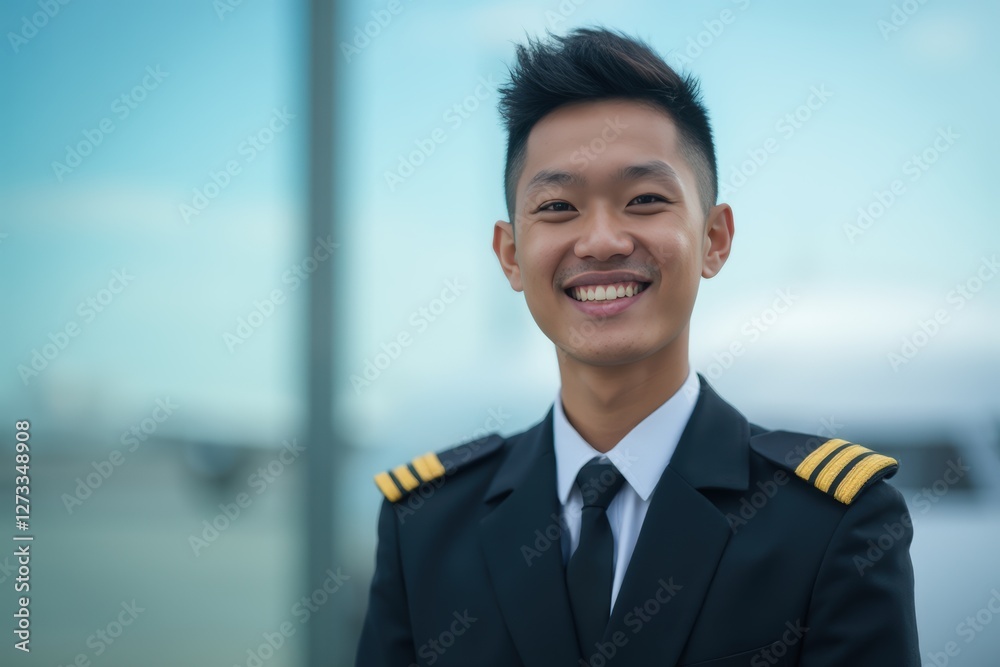 Head and shoulders portrait of a Indonesian smiling young male airplane captain pilot in uniform.