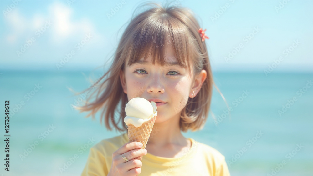 Little girl enjoying delicious ice cream on the beach on a sunny day. Little girl enjoying delicious ice cream on the beach on a sunny day.