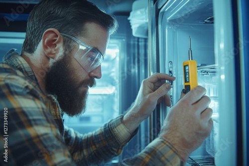 Repairman Checking Fridge With Digital Multimeter, 