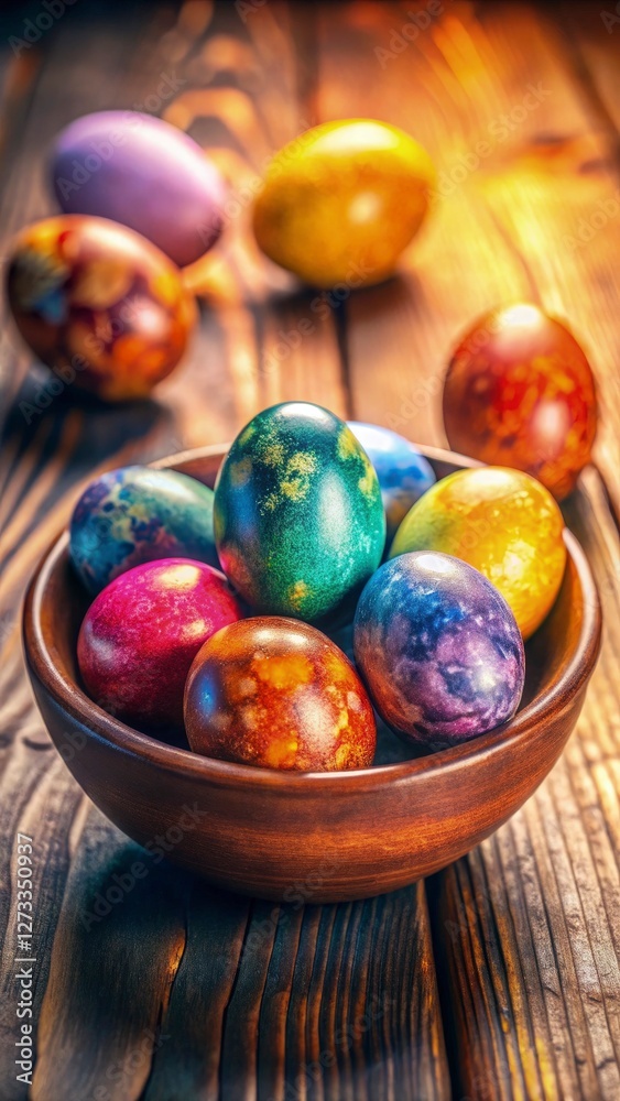 A bowl of brightly colored dyed eggs resting on a rustic wooden table, speckled and marbled textures, natural sunlight casting soft shadows, warm and inviting atmosphere, blurred background A bowl of brightly colored dyed eggs resting on a rustic wooden table, speckled and marbled textures, natural sunlight casting soft shadows, warm and inviting atmosphere, blurred background