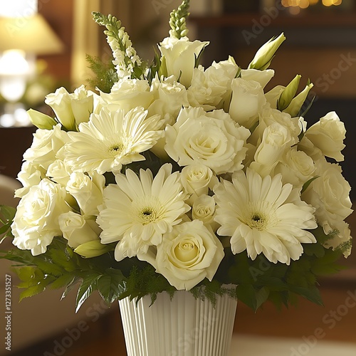 A delicately arranged mix of white carnations, graceful lisianthus, and spindly fillers drapes itself over a luminous white surface. High-contrast, shadow-free capture highlights the layers  photo