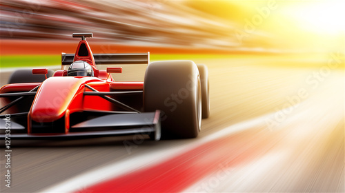 A high-speed red race car driving on a curved track with motion blur, representing speed and adrenaline in an exciting sports setting.
