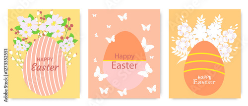 Easter greeting cards with floral arrangements, decorative eggs, pastel colors, delicate butterflies, and festive typography.