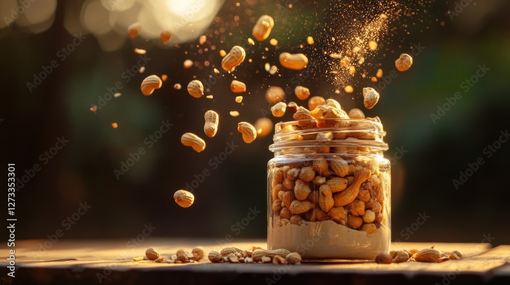 Roasted peanuts falling into a glass jar on a wooden table with a blurred background. Roasted peanuts falling into a glass jar on a wooden table with a blurred background.