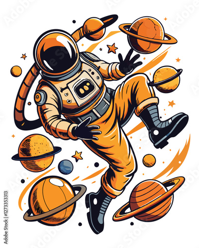 An astronaut, upside down, weightlessly floats amidst a vibrant nebula, gazing at orbiting planets.  Cosmic dust swirls around them.